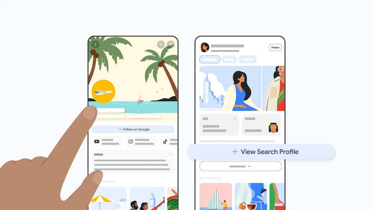 رسم توضيحي من Google لملف تعريفي في البحث يضم زر المتابعة والمنصات المرتبطة ونقطة الدخول View Search Profile.
